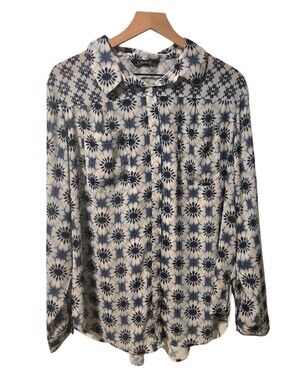 Charlie B Blue White Floral Starburst Shibori Semi-Sheer Button Down Blouse XL